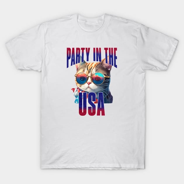 Cool Cat Party in the USA Independence Day T-Shirt by Pixelate Cat